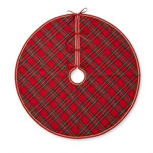 Cost Plus World Market Red Tartan Plaid Christmas Tree Skirt 36" Cotton Gld Trim